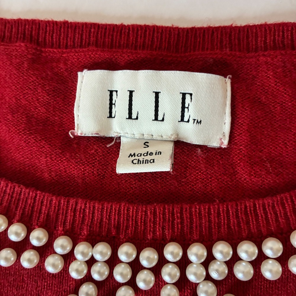Elle Womens Red Holiday Top Pearl Bow Sweater Small Coquette Crew Knit Party - Picture 3 of 11